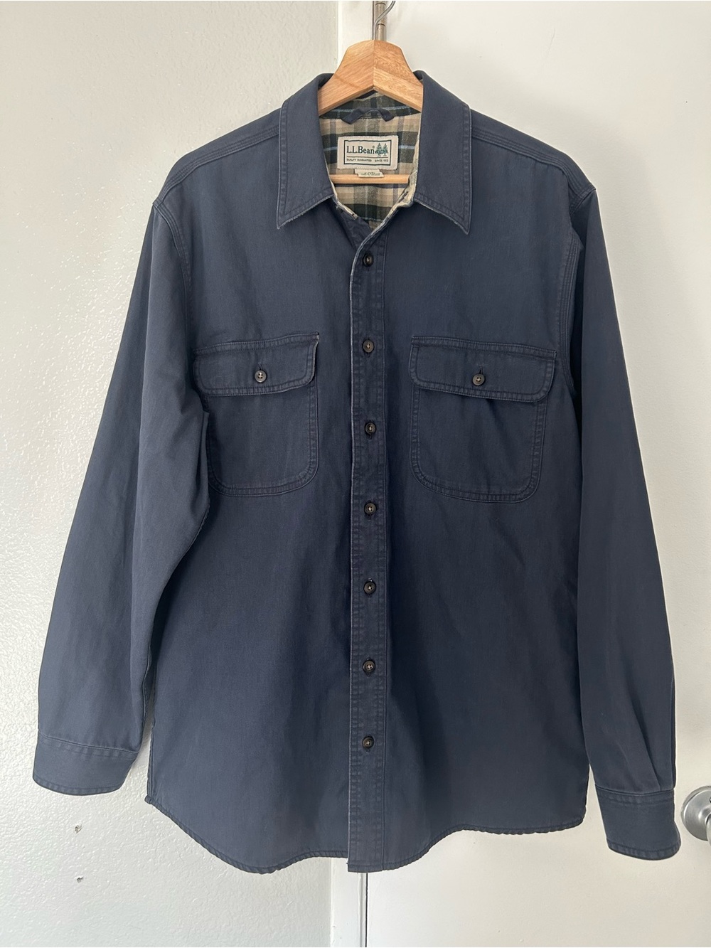LL Bean Men's Hurricane Shirt Jacket Flannel Lined Navy Blue Shacket Med M-REG